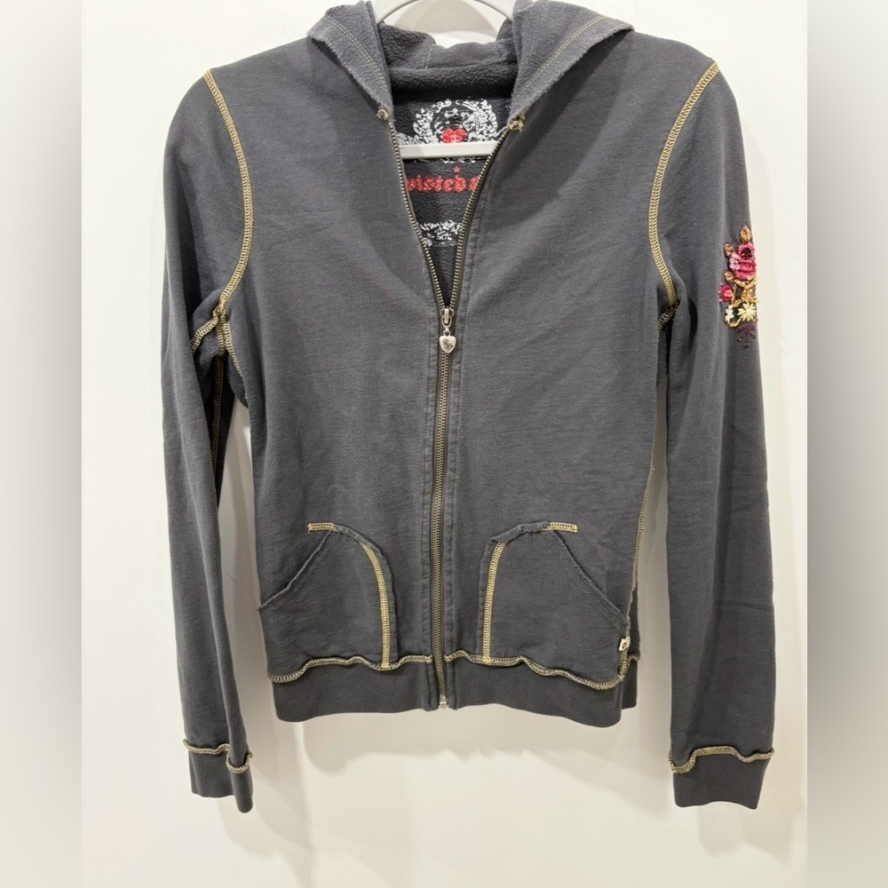 Y2K TWISTED HEARTS Charcoal Colored Women's Hoodie Sweatsuit Floral Embroidery - Picture 2 of 12